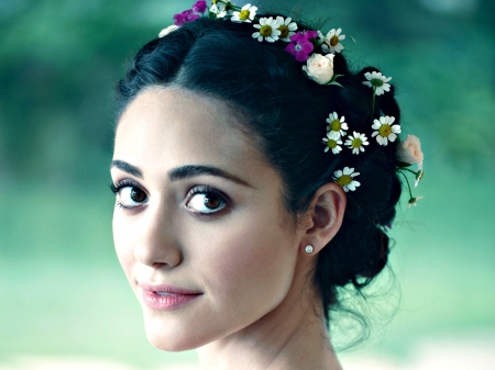 Emmy Rossum - woman, face, actress, girl, emmy rossum, green, flower, spring