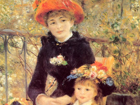 On the Terrace by Renoir, 1881 - woman, female, hat, colorful, elegant, other, face, painting, pretty, cool, france, painter, painted, garden, artist, pierre-auguste renoir, landscape, girl, sensual, colored, picture, romantic, beautiful, renoir, colors, impressionist, flowers, flower