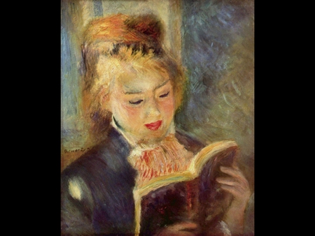 Jeune fille lisant by Renoir - woman, female, colorful, reading, book, elegant, other, face, painting, pretty, cool, france, painter, painted, artist, pierre-auguste renoir, landscape, girl, sensual, colored, picture, romantic, beautiful, renoir, impressionist, colors