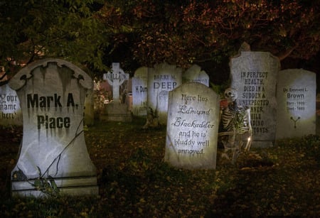 Halloween Graveyard - autumn, candle, graveyard, trees, tombstones, halloween, fall, leaves, skeleton