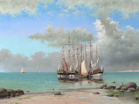 READY TO SAIL - sailing ships, painting, ocean, shore, art