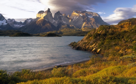 mountain landscape - hill, river, grass, mountain