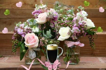 ♡Happy Day♡ - jars, coffee, cafe, cappuccino, pink, flower arrangements, three, flowers, wooden, green, clear, butterfly, background, hearts