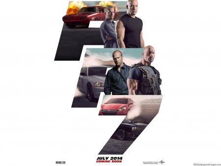 Furious 7 (2015) - vin diesel, dwayne johnson, movie, poster, white, furious 7, man, actor, action, paul walker