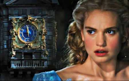 Cinderella (2015) - beauty, clock, actress, cinderella, girl, time, blue, fantasy, lily james, movie, woman, disney