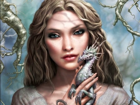 Dragon lady - fantasy, dragon, lady, woman, lithriel, silver, girl, art