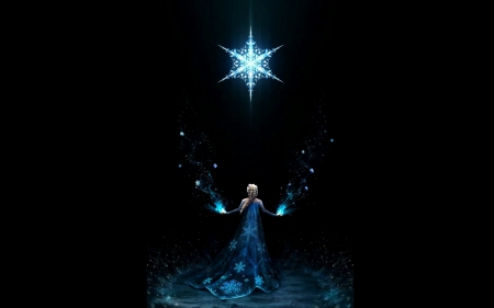 Elsa - princess, snowflake, girl, snow queen, westling, black, fantasy, art, luminos, blue, disney