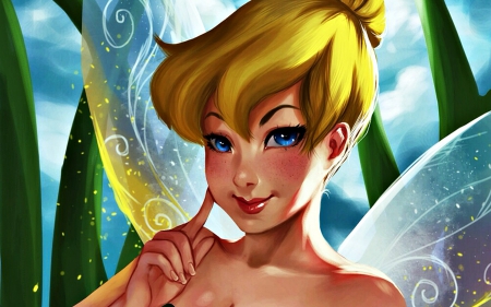 Tinker Bell - girl, wings, fantasy, art, blue, green, disney, fairy, hinatabest, tinker bell, blonde