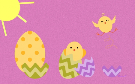 Happy Easter! - bird, chicken, yellow, by cehenot, pink, easter, fantasy, purple, funny, green, cute, sun