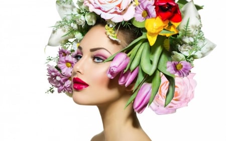 Beauty With Flowers - beauty, bunch of flowers, girl, lips, wreath, model