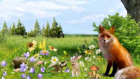 Fox in the Woods - mushrooms, sky, trees, summer, bunny, spring, fox, rabbit, slowers, flowers