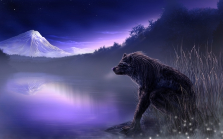 werewolf - lake, mountain, grass, werewolf