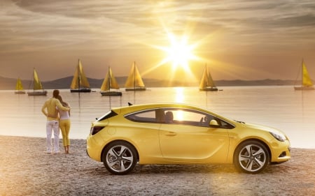 Yellow car - lake, yellow, car, sailboats, the rays of the sun