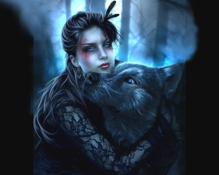 the wolf lover for melissa - forest, tree, woman, wolf