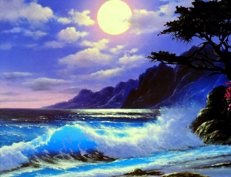 Moonlight on the Coast - beaches, attractions in dreams, paradise, summer, moons, waves, nature, oceans, love four seasons, blue, beautiful, paintings, colors, sea