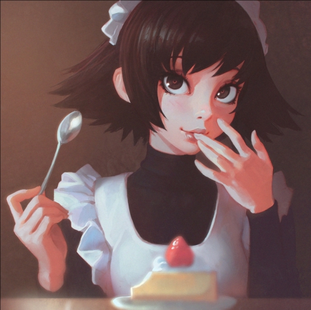 Haru's Cheesecake - spoon, anime, cheesecake, girl