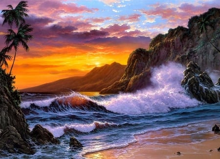 Sunset of Paradise - beaches, attractions in dreams, paradise, summer, waves, nature, oceans, love four seasons, beautiful, sunsets, paintings, colors, sea