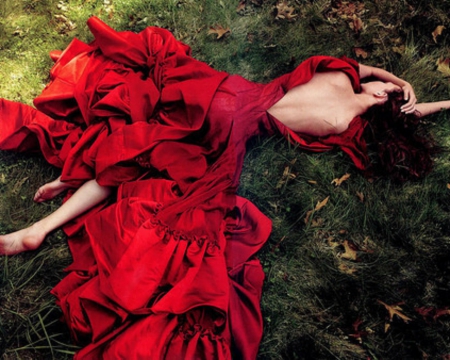 Lady in Red - red, lying, woman, dress