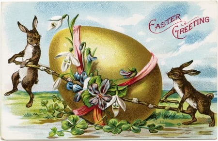 Happy Easter! - easter, rabbit, vintage, egg, golden, card, flower, bunny