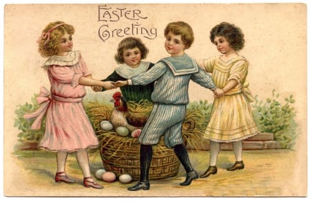 Happy Easter! - girl, easter, child, eggs, postcard, children, vintage, boy, artwork, card, egg