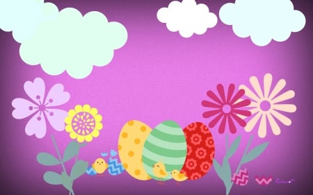 Happy Easter! - cloud, red, flower, purple, pink, cute, egg, yellow, by cehenot, chicken, blue, easter, white, green