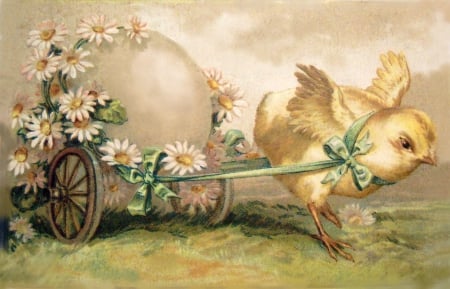 Happy Easter! - chicken, yellow, blue, spring, flower, easter, vintage, funny, cute, egg, card