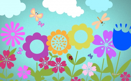 Happy Spring! - by cehenot, blue, ladybug, spring, flower, pink, white, purple, red, green, cloud, butterfly