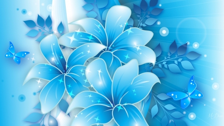 Blue Spring Morning - lilies, glow, light, blue, easter, flowers, spring