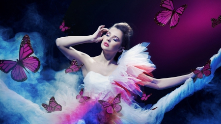 Woman and butterflies - dress, Woman, makeup, butterflies