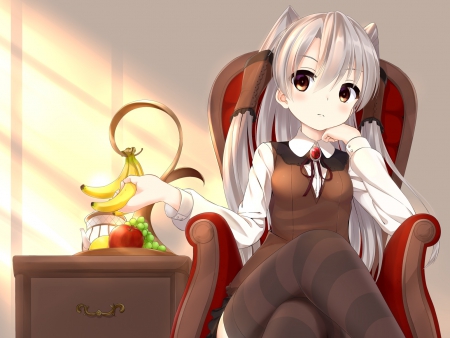 Amatsukaze - Anime Girl, Kancolle, Anime, Long Hair, Chair, Business, Fruit, Uniform, Gray Hair, Vest, Lamp, Kantai, Desk, Yellow Eyes, Amatsukaze, Wallpaper, Collection