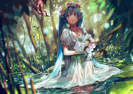 Hatsune Miku - hatsune miku, twintails, blue eyes, long hair, wet, wallpaper, wreath, anime girl, nature, blue hair, forest, vocaloid, anime, tree, flower, dress