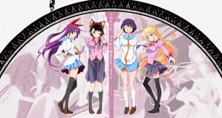 Nisekoi x Bakemonogatari - Purple, Skirt, Blonde Hair, Anime Girl, Nisekoi, Brown Hair, Anime, White, Ribbon, Long Hair, Purple Hair, Bow, Uniform, Group, Brown, Red, Wink, Kneehighs, Chitoge Kirisaki, Senjougahara Hitagi, Crossover, Cat Ears, Kosaki Ondorea, Purple Eyes, Short Hair, Hanekawa Tsubasa, Brown Eyes, Bakemonogatari, Wallpaper