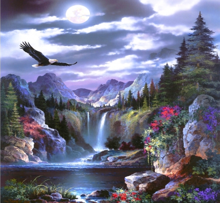 Magic moments - landscape, colorful, waterfall, lovely, fantasy, nature, eagle, beautiful, splendor