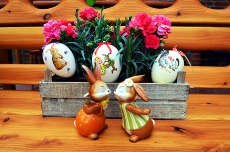 Lovely Easter - eggs, flowers, rabbits, pair, still life