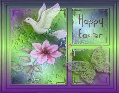 Happy Easter - easter, butterfly, lily, dove