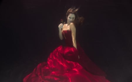 Belle underwater - woman, beauty and the beast, girl, black, belle, rose, fantasy, creative, underwater, red dress, dark, situation, flower