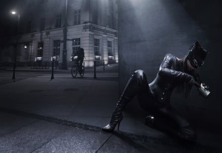 Catwoman - catwoman, girl, city, night, creative, dark, street, black, fantasy, woman, situation