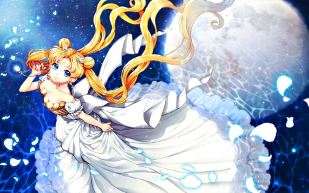 Tsukino Usagi - anime, planet, dress, girl, blonde, petals, sailor moon, manga, fantasy, white, amgan, serenity, luna, tsukino usagi, saban