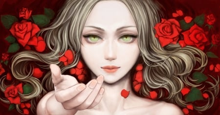 Come to me! - red, flower, rose, green eyes, anime, girl, manga, art, fantasy, petals, woman