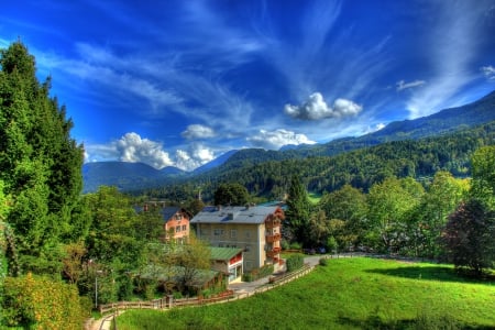 Houses in the Mountains - nature, sky, hills, trees, valleys, mountains, landscapes