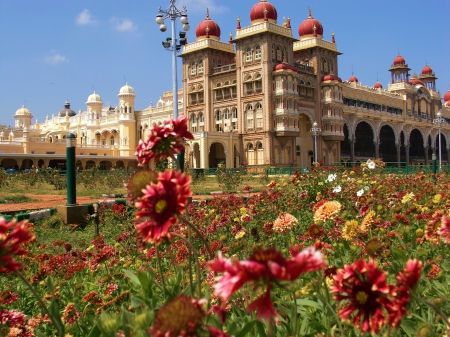 Palace of Maharaja of India, Mysore - flowers, impressive, building, monumental