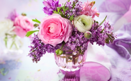 Spring bouquet - vase, lilac, spring, flower, pink, bouquet, purple, glass, ranunculus