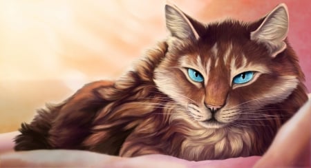 Waiting - brown, art, cat, pink, eyes, blue, animal, fantasy