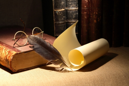 Literaric Still Life - feather, paper, book, spectacles, artwork