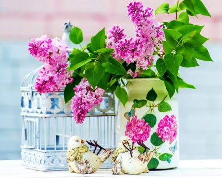 Lilacs - arrangement, flowers, can, still life, spring, birds