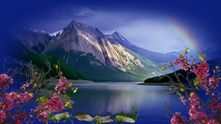 ~*~ Rainbow At The Lake ~*~ - flowers, romantic lake, romantic rainbow, HD wallpaper, spring lake, spring, Rainbow At The Lake