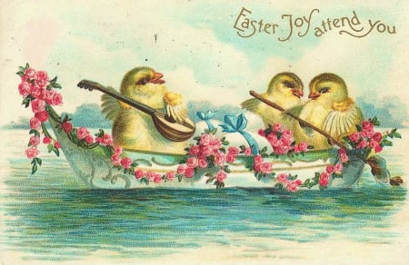 Easter Joy Attend Yoü - chicks, postcard, vintage, boat, flowers, artwork