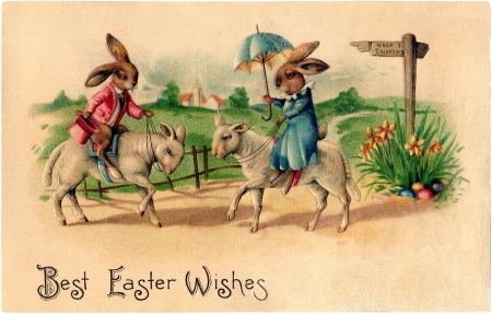 Best Easter Wishes - sheep, rabbits, postcard, vintage, artwork, flowers