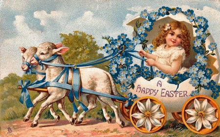 A Happy Easter - blossoms, sheep, cart, vintage, artwork, girl, postcard