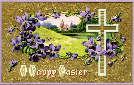 A Happy Easter - blossoms, vintage, artwork, landscape, postcard